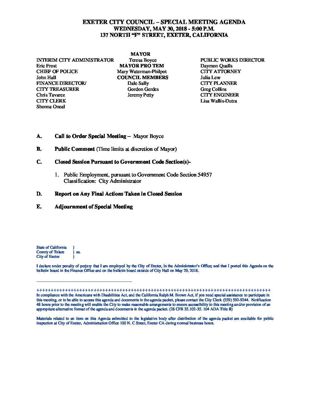 Special Meeting Agenda 053018