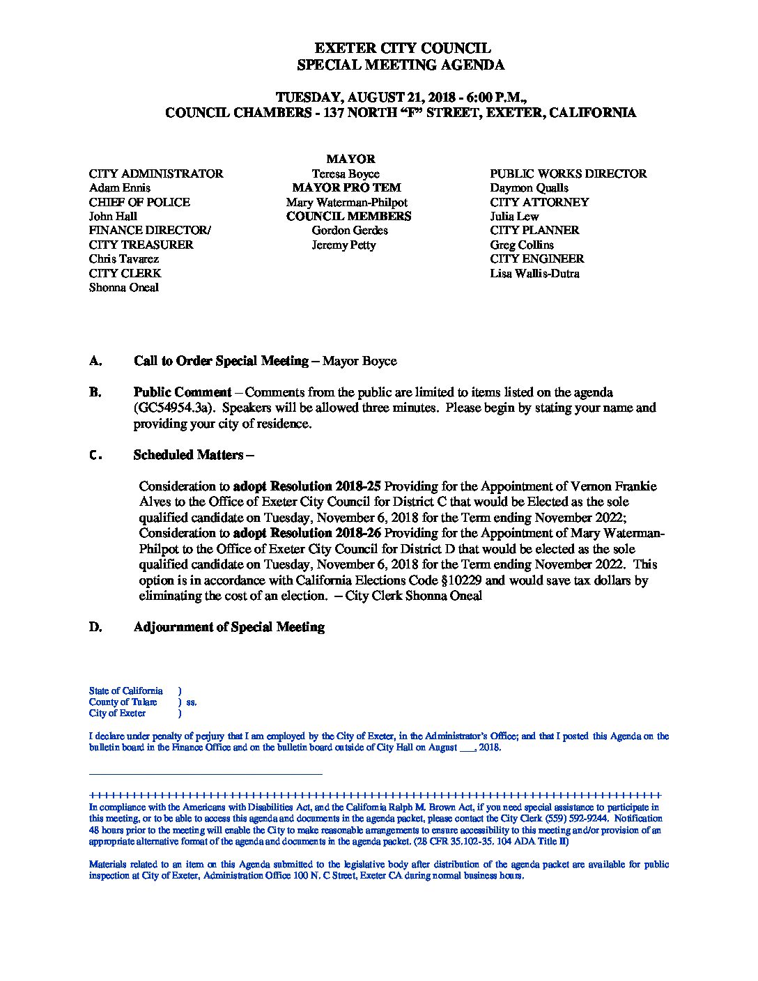 CC Special Meeting Agenda AUG 21 2018