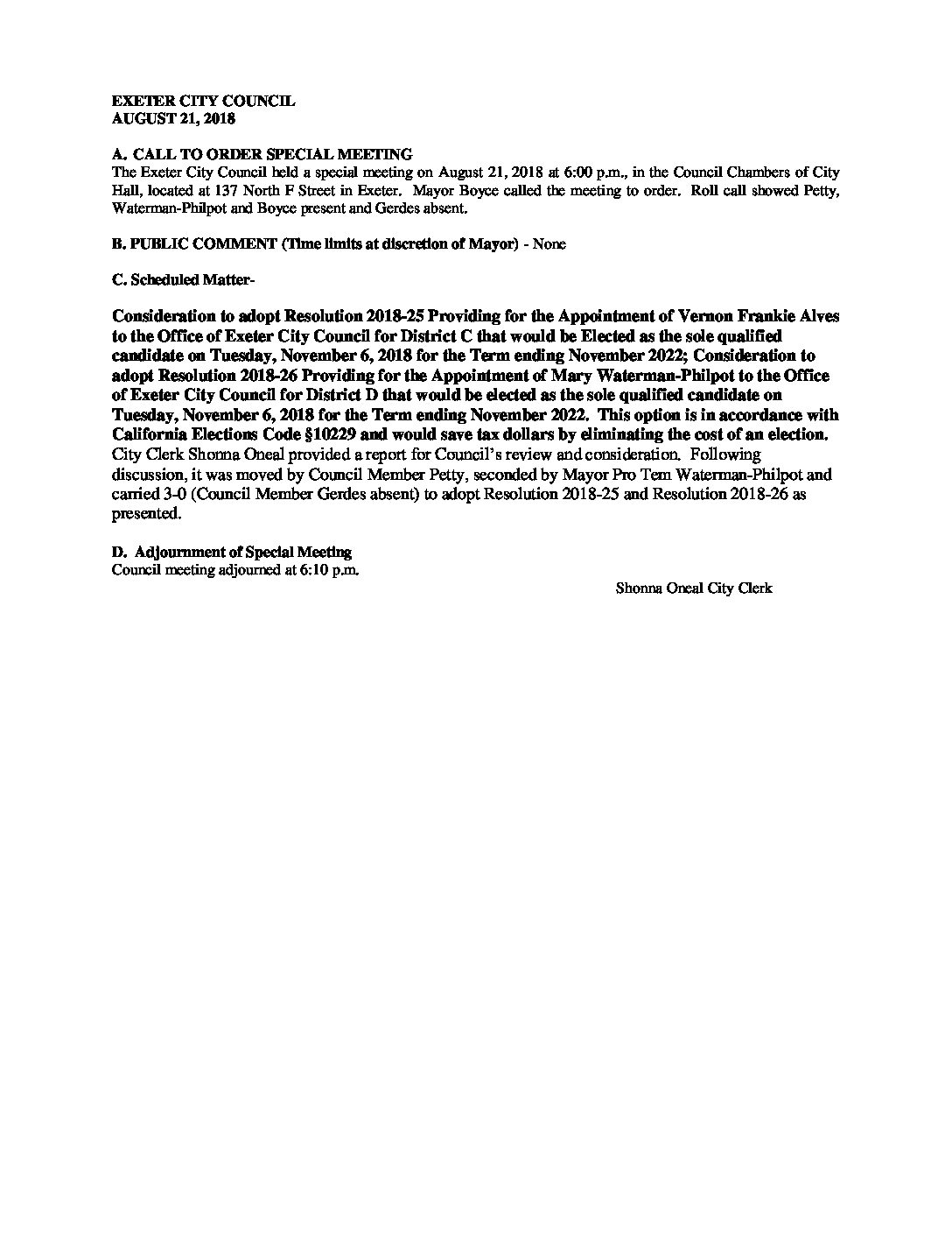 CC Special Meeting Minutes AUG 21 2018