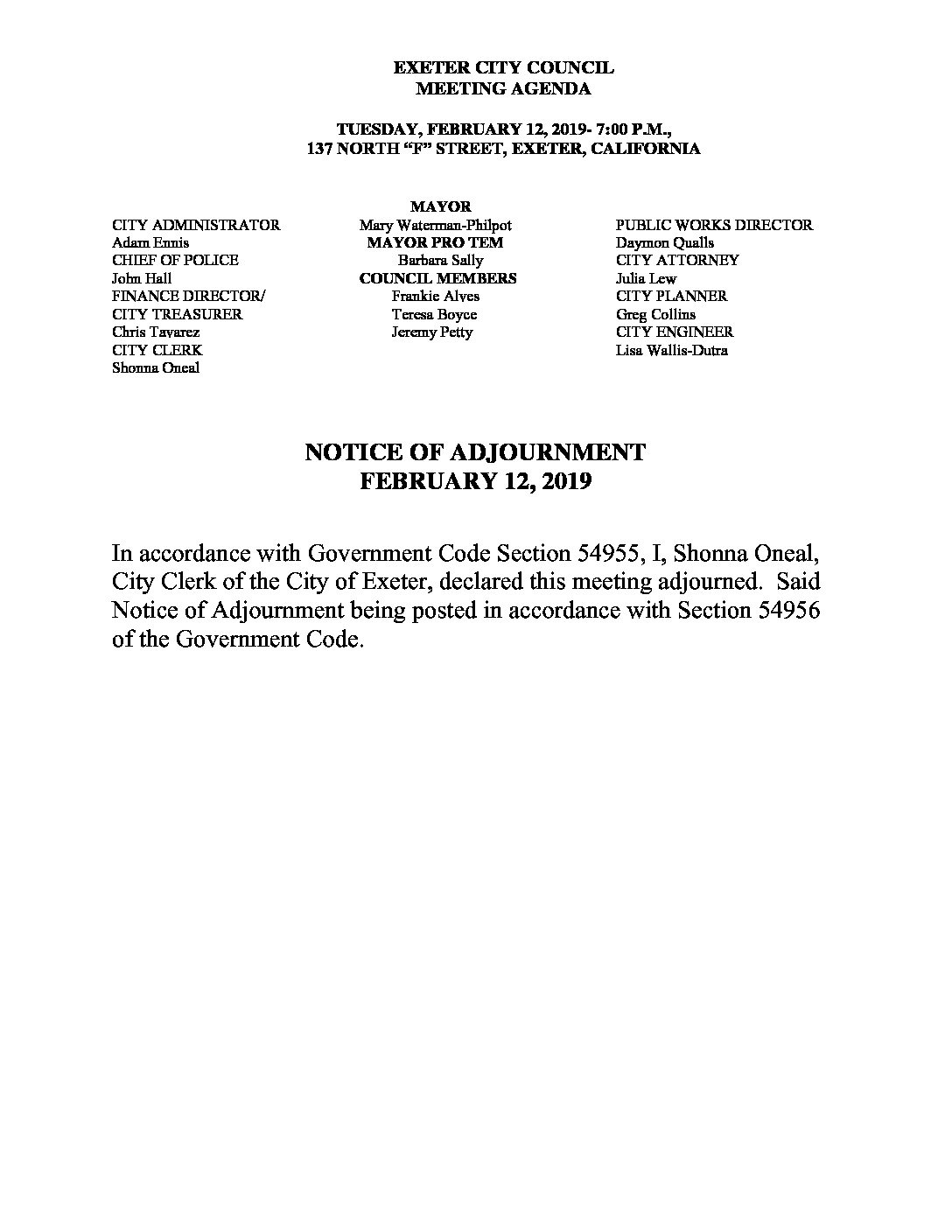 CC Adjourn Agenda FEB 12 19