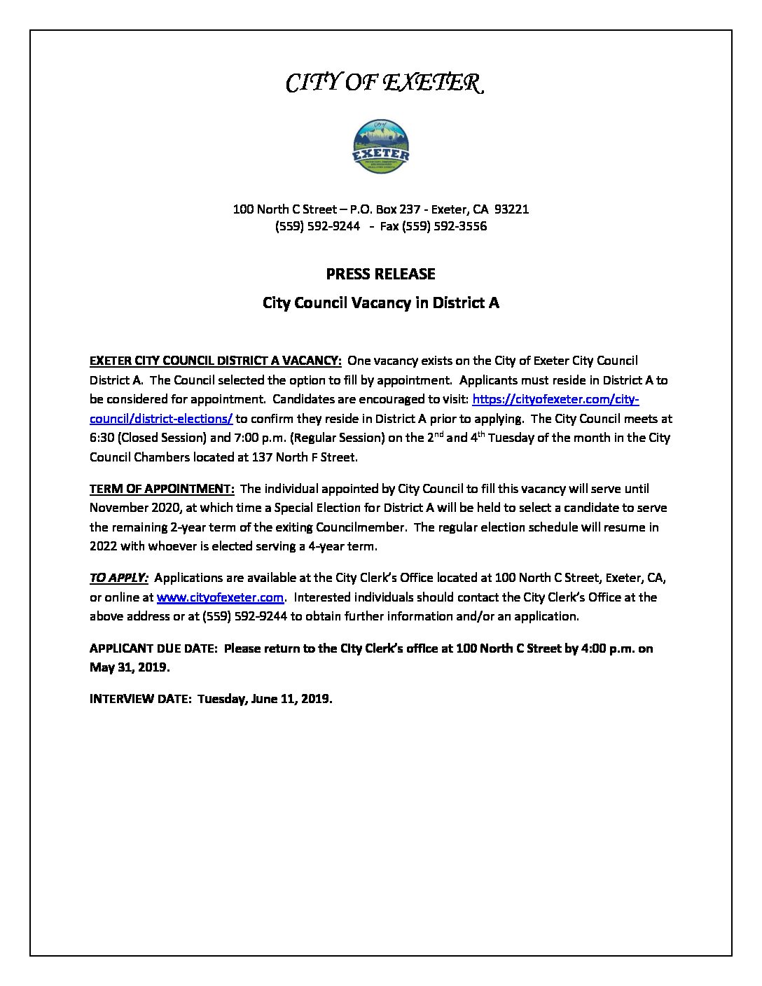Press_Release COE_CC_Vacancy_District_A