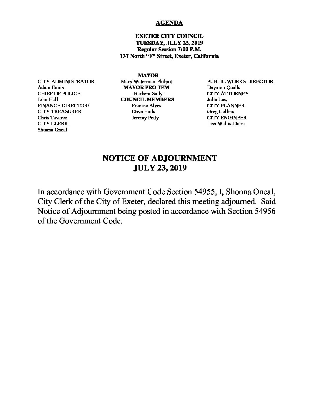 CC Adjourn Agenda JULY 23