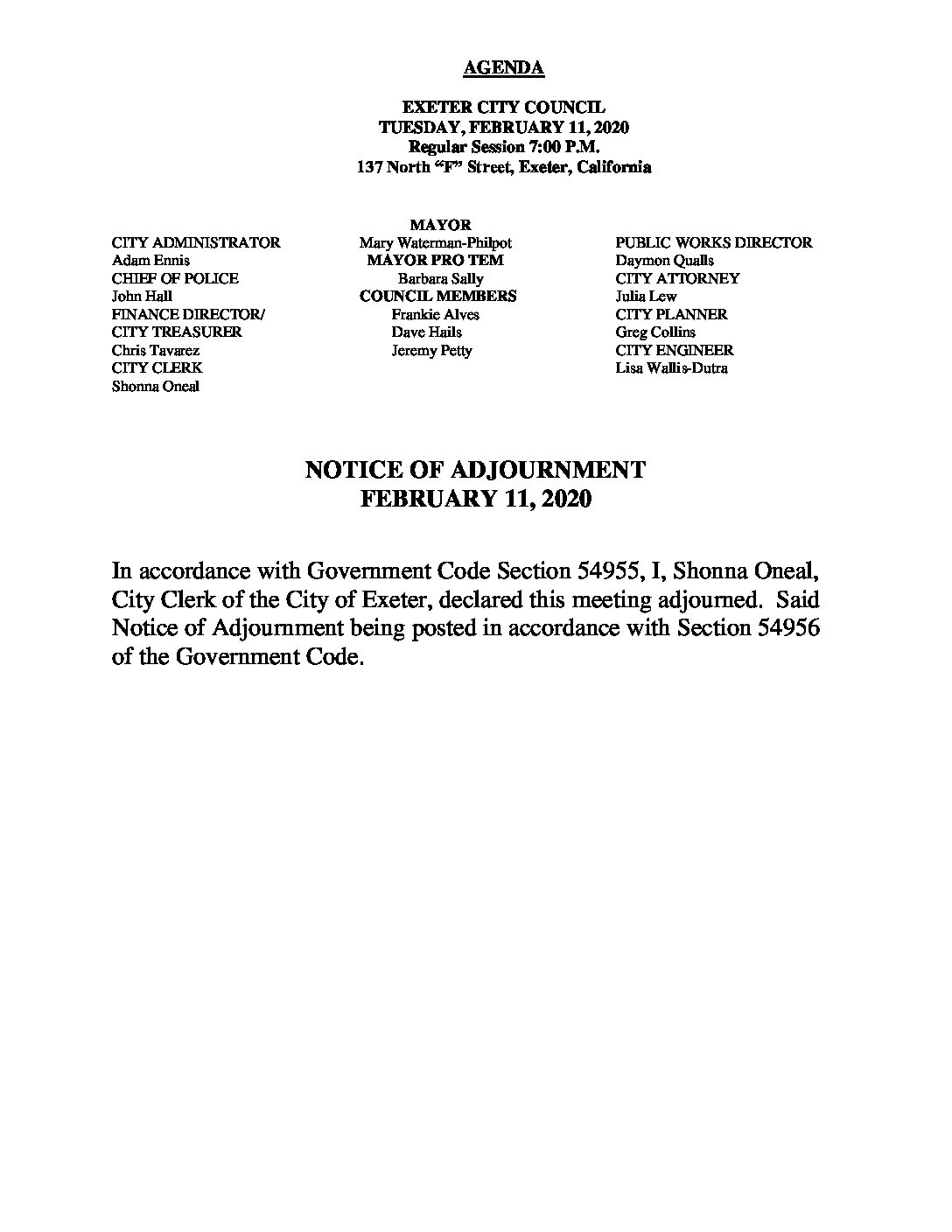 CC Adjourn Agenda February 11 2020