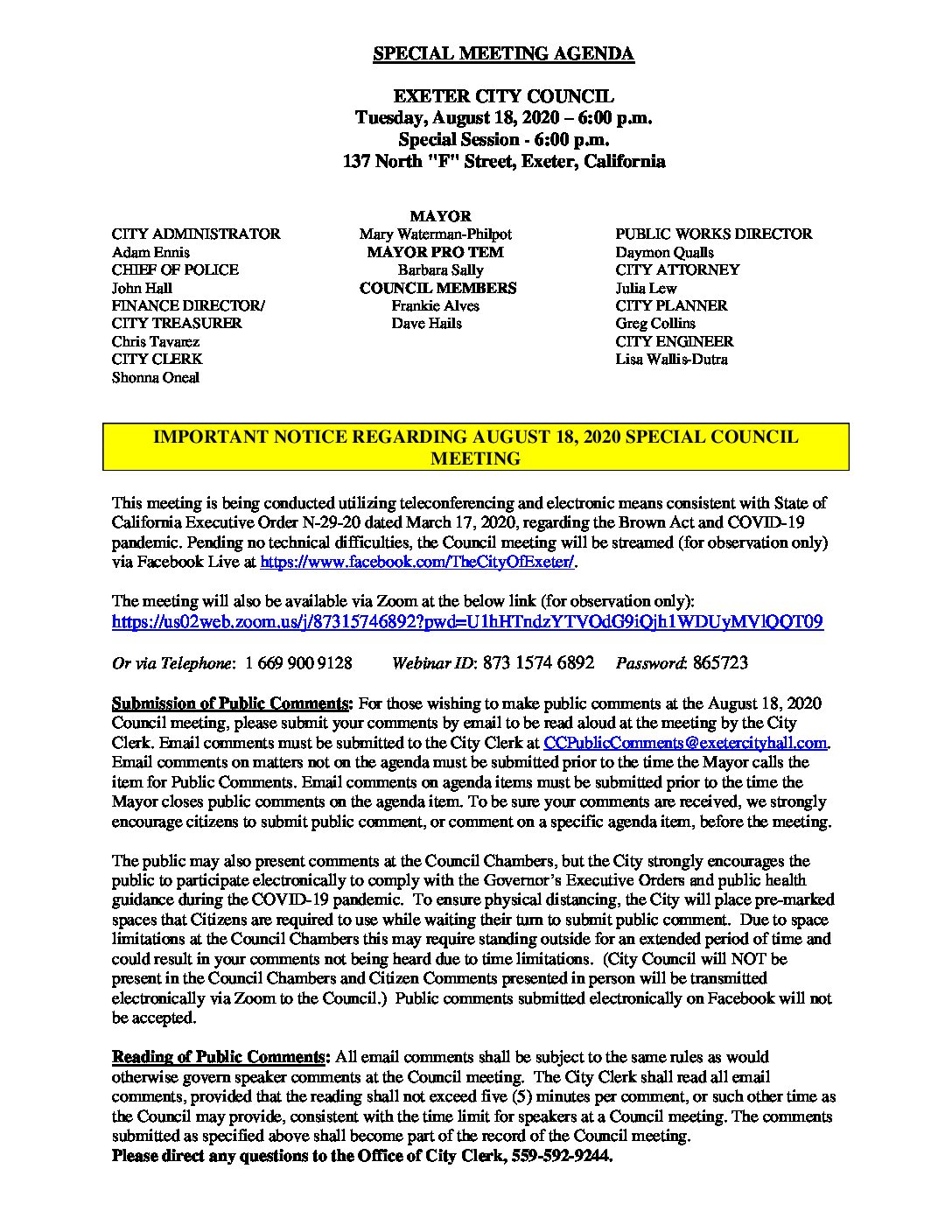 Special CC Mtg Agenda August 18 2020