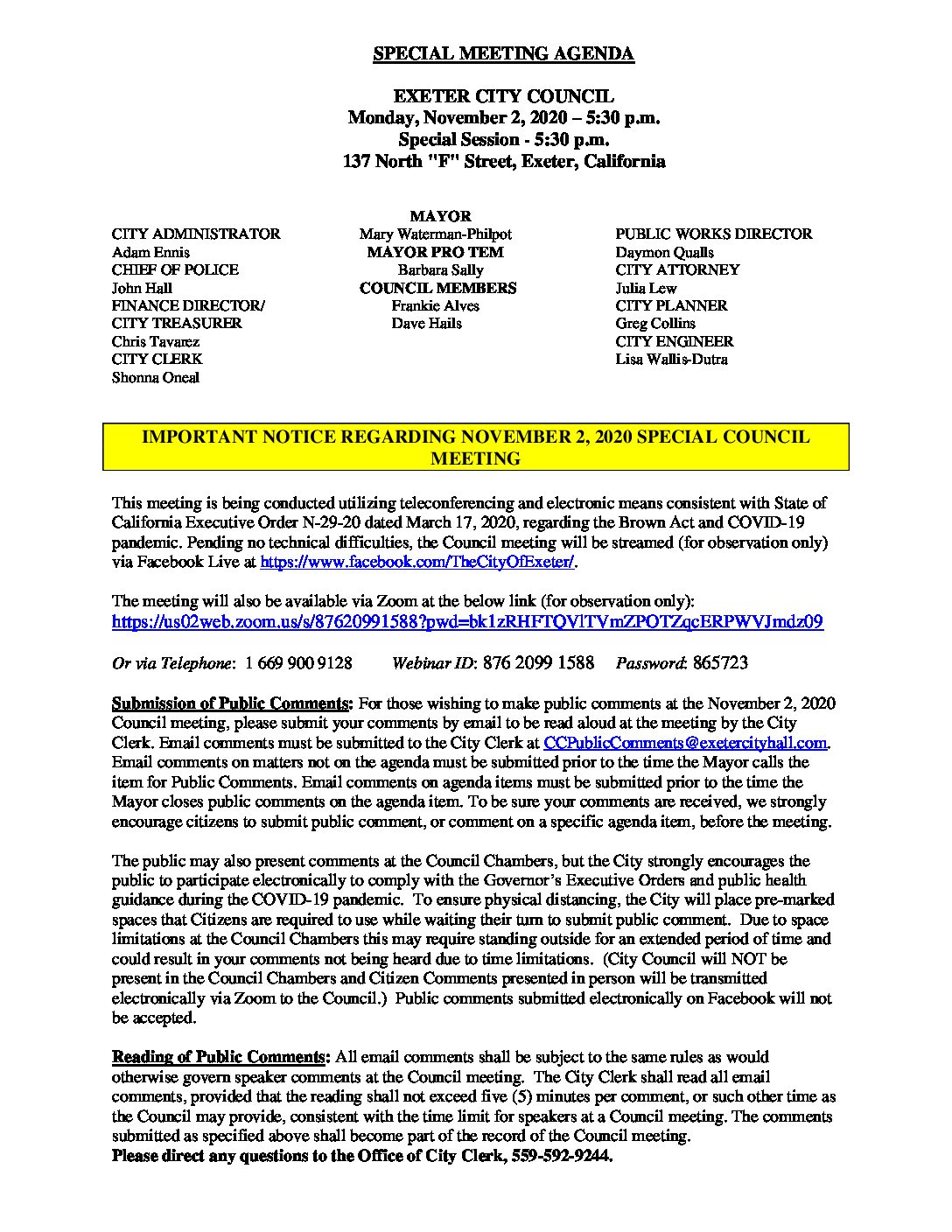 Special CC Mtg Agenda November 2 2020