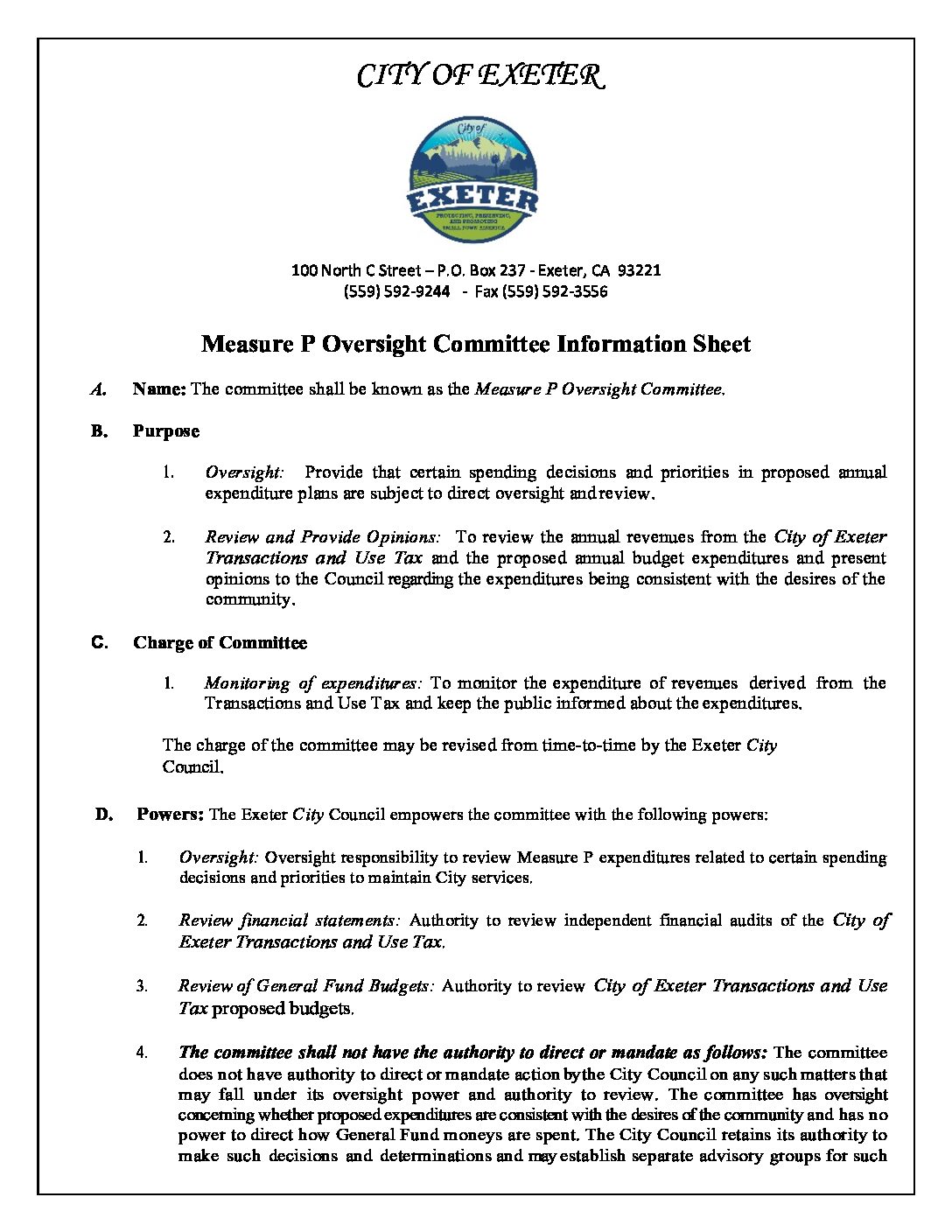 Measure P Oversight Committee Information Sheet