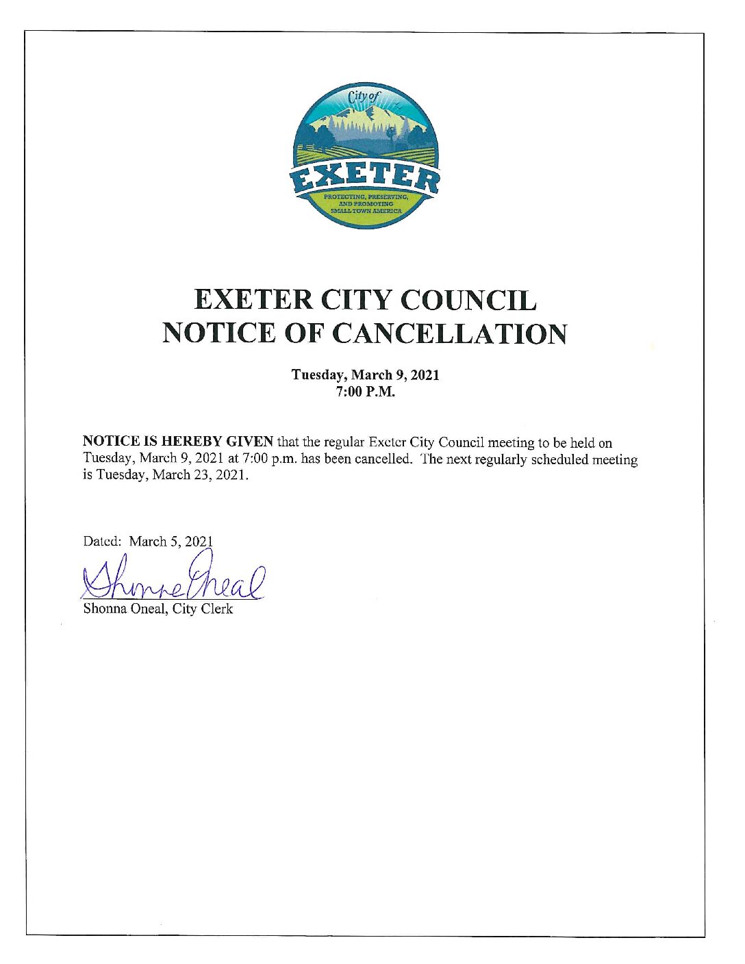 CC Notice of Cancellation March 9 2021