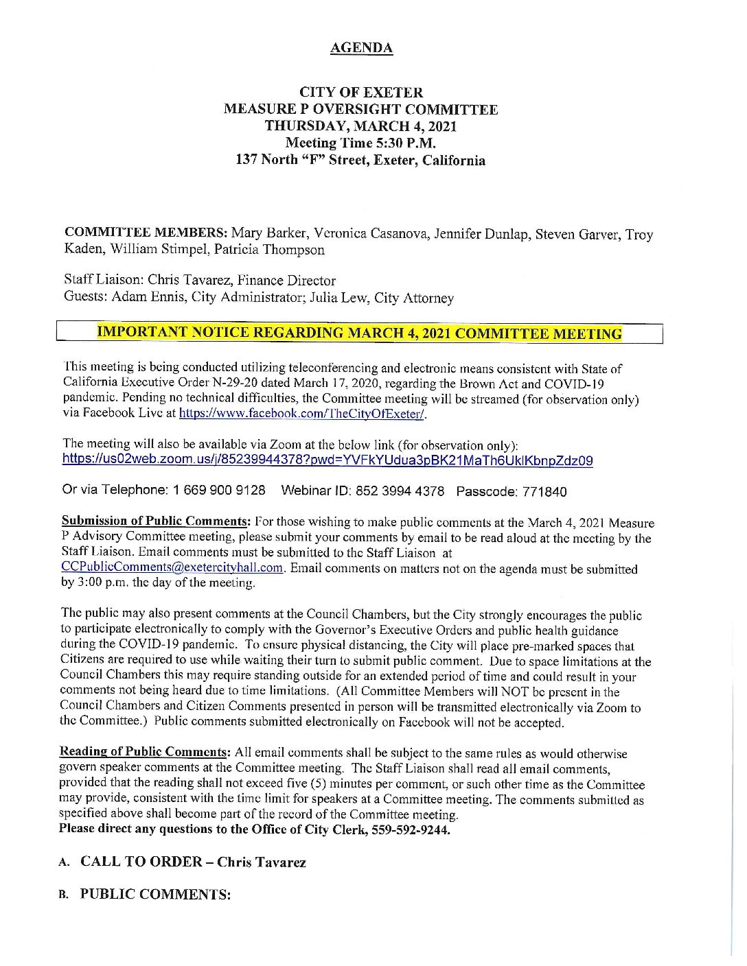 Measure P Oversight Committee Agenda 3.4.2021