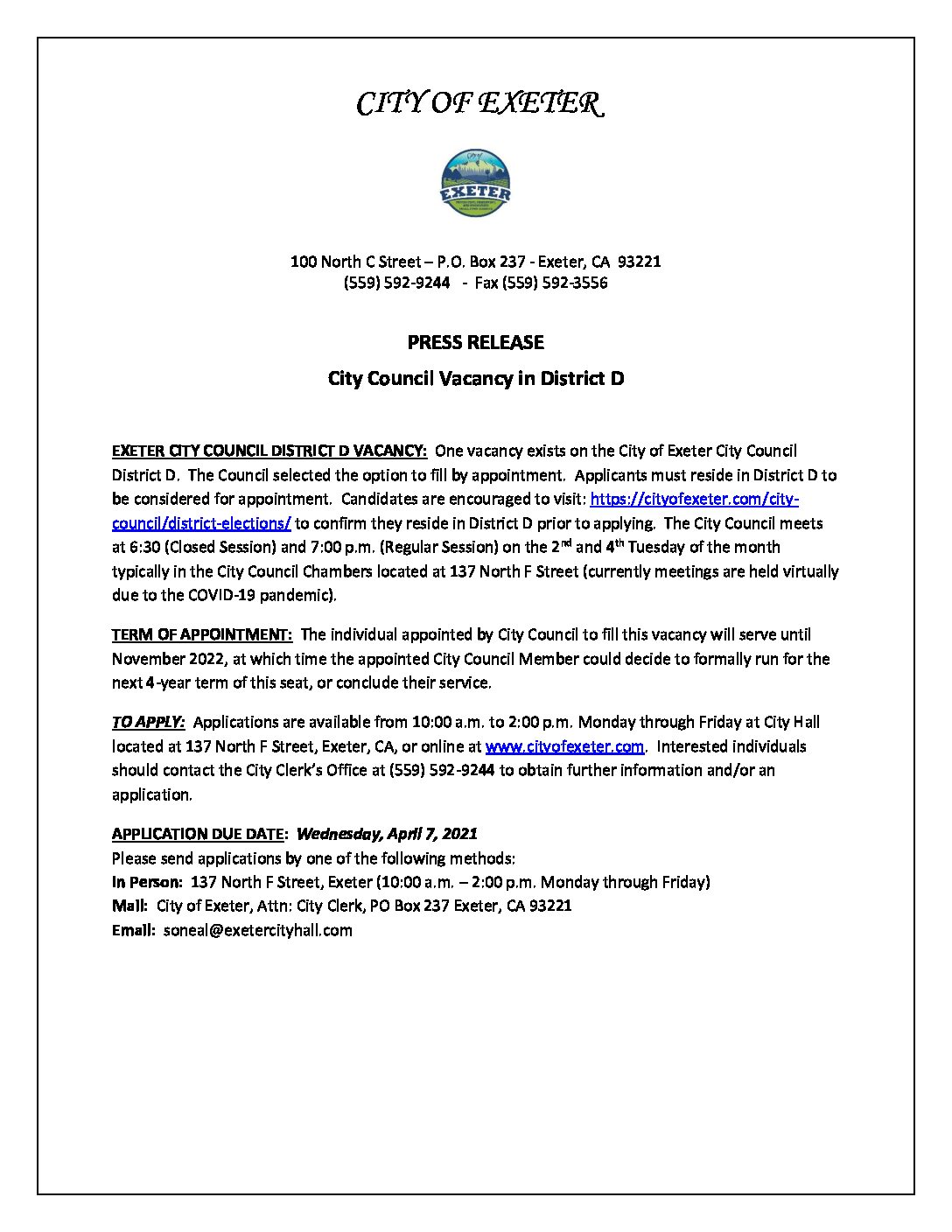 Press_Release_COE_CC_Vacancy_District_D