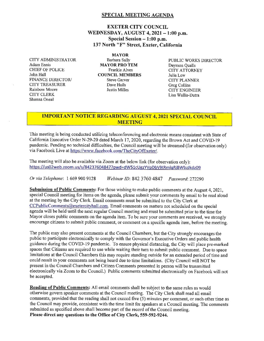 Special CC Agenda August 4 2021