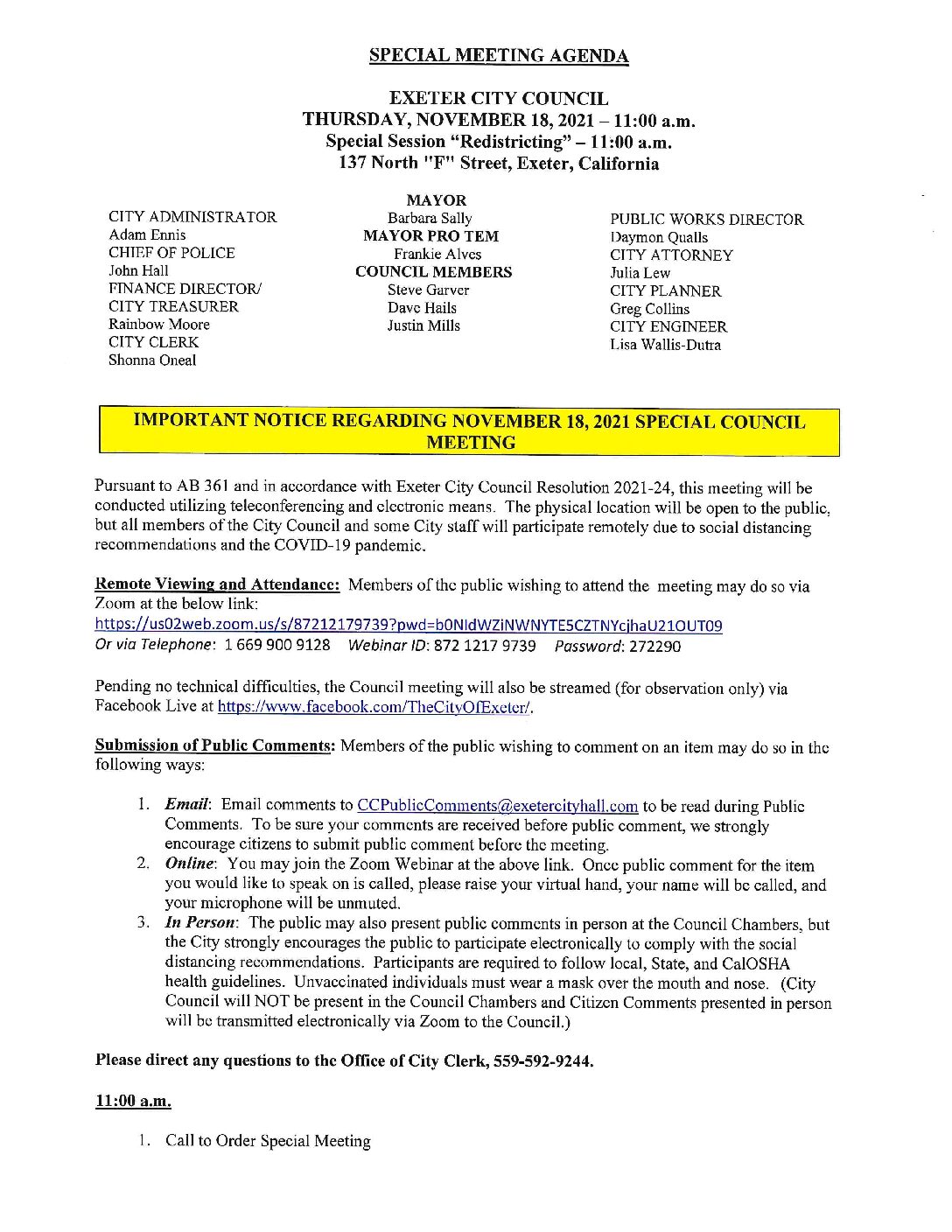 Special CC Agenda November 18 2021