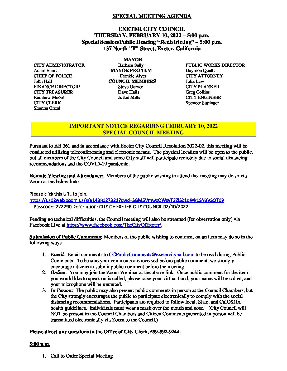 Special CC Mtg Agenda February 10 2022