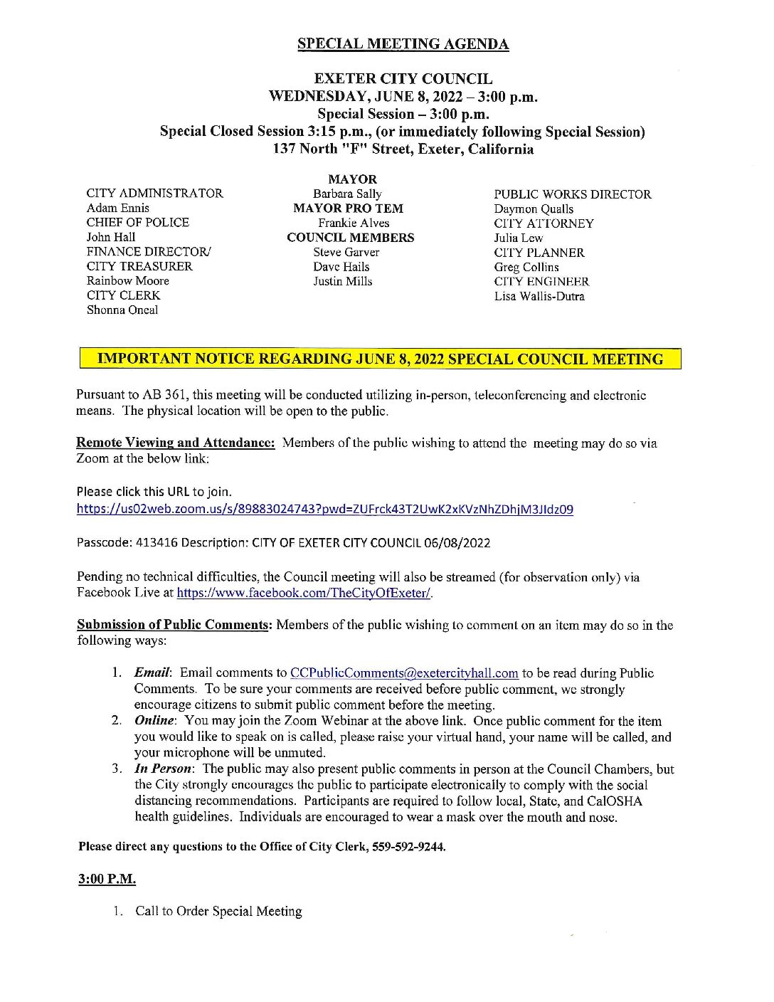 Special CC Mtg Agenda June 8 2022 1