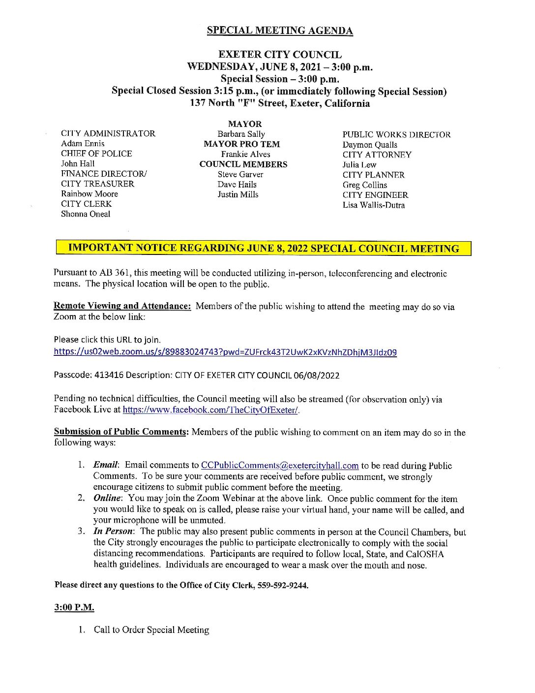 Special CC Mtg Agenda June 8 2022