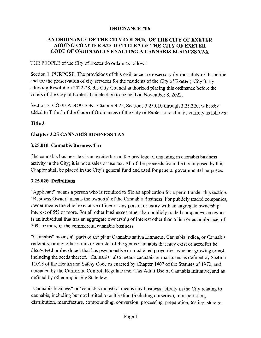 Ordinance 706 Cannabis Business Tax