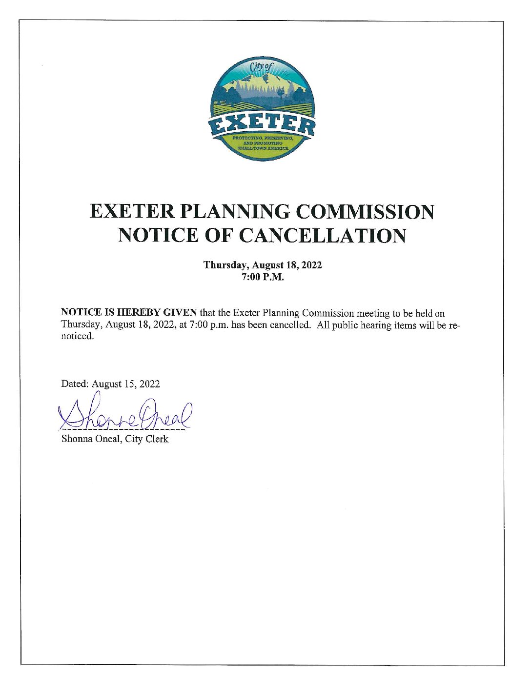 8.18.22 PC Notice of Cancellation
