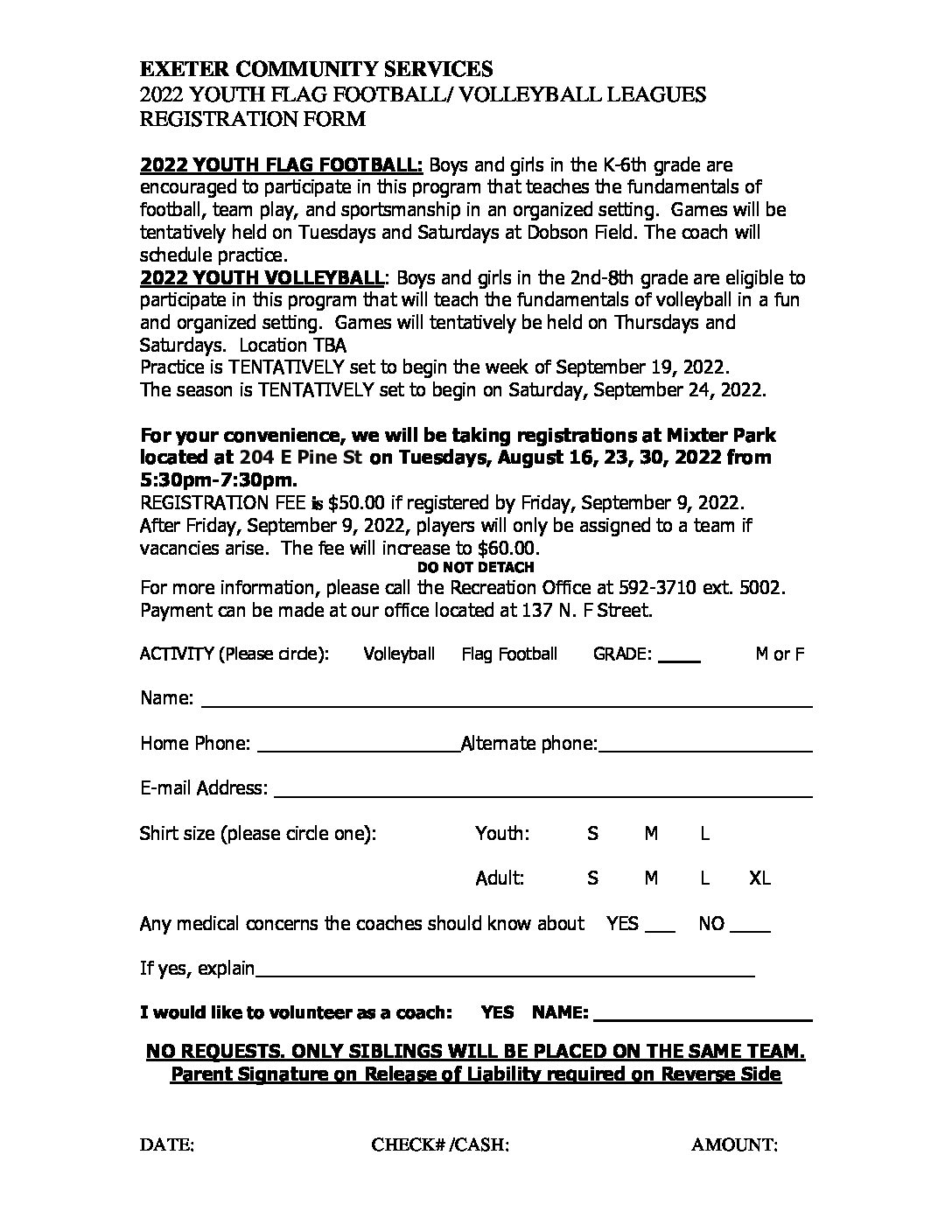2022 Youth Flag Football/ Volleyball Leagues Registration Form