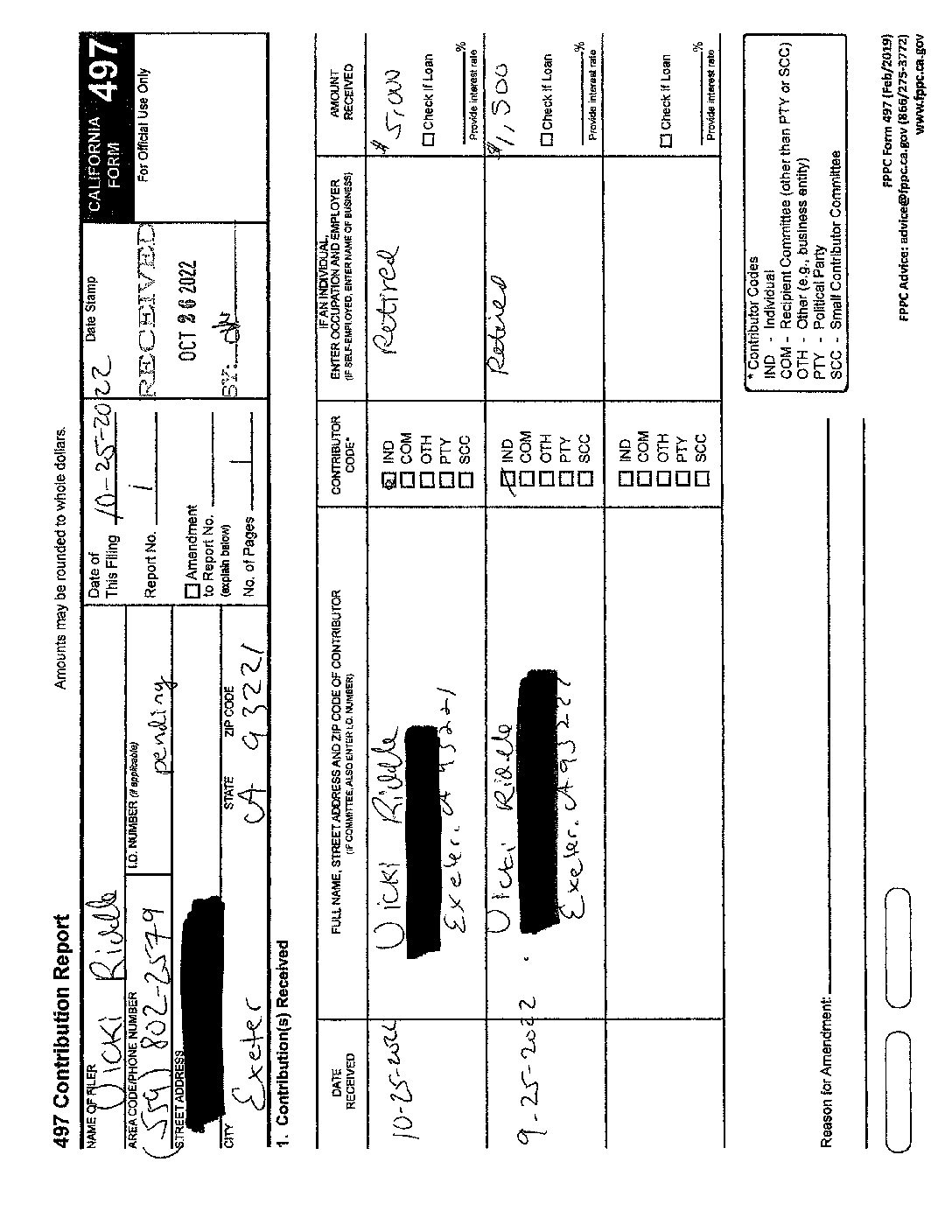 Form 497 Vicki Riddle Campaign Statement