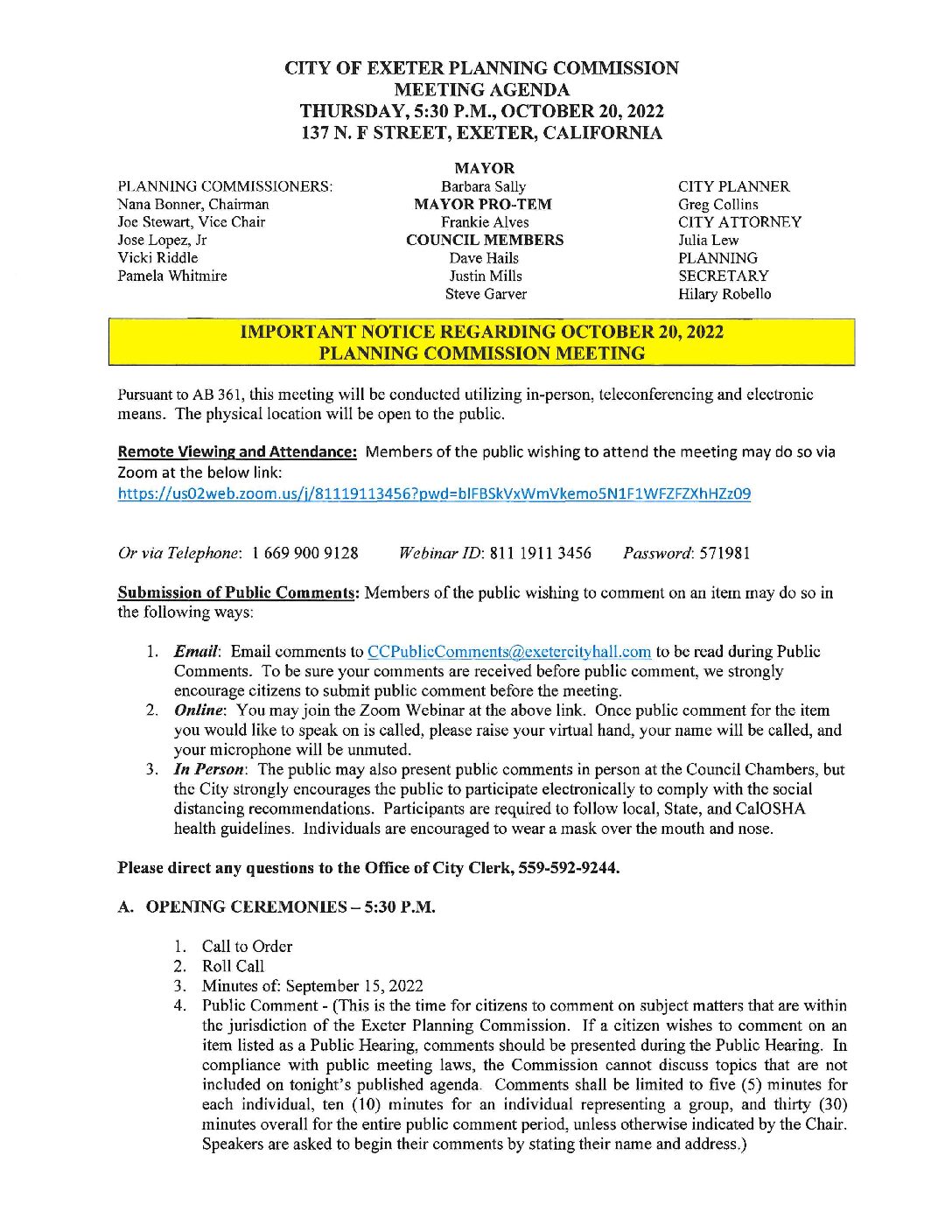 PC Agenda October 20 2022