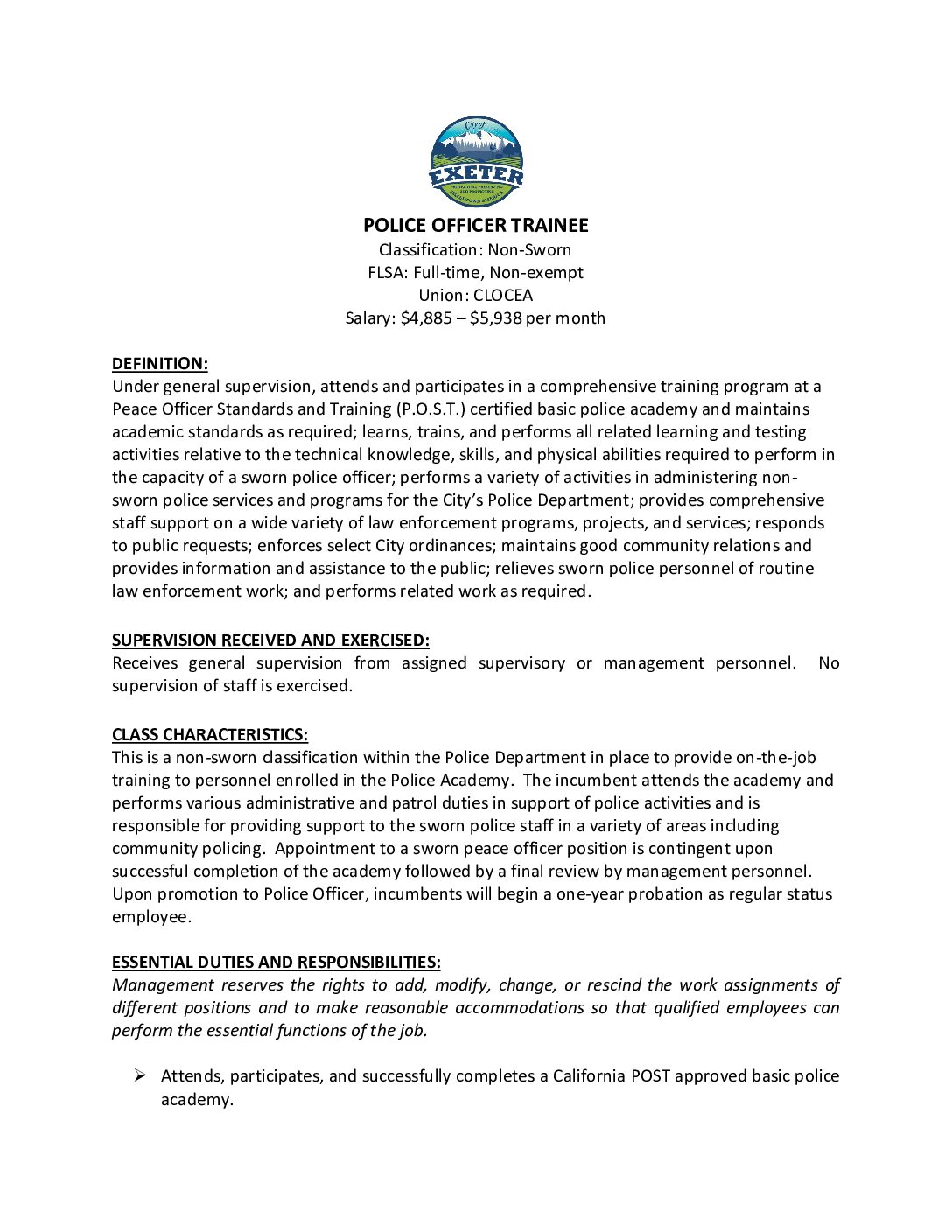 2024-03-05 Police Officer Trainee Job Description