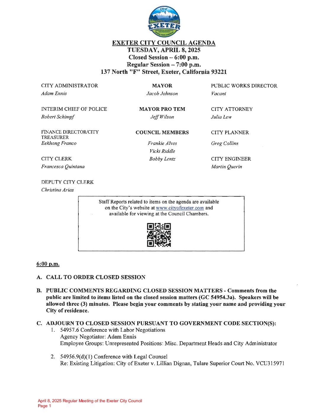 April 8, 2025 Regular Meeting of the Exeter City Council Agenda Packet