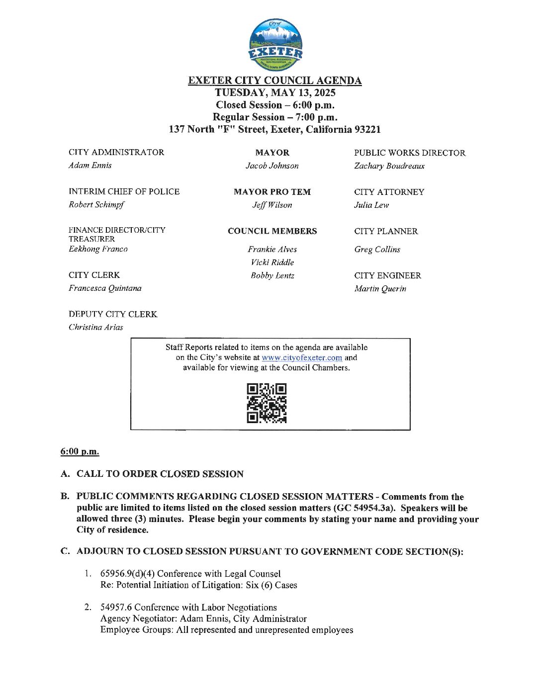 May 13, 2025 Regular Meeting of the Exeter City Council Agenda