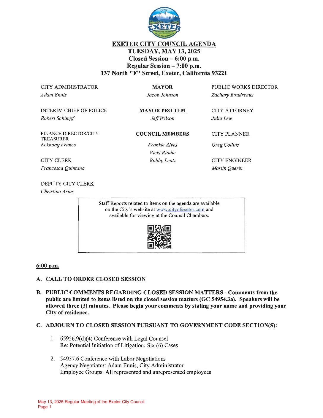 May 13, 2025 Regular Meeting of the Exeter City Council Agenda Packet
