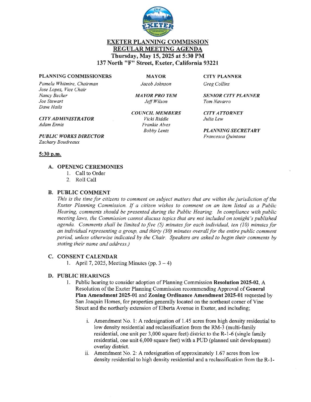 May 15, 2025 Regular Meeting of the Exeter Planning Commission Agenda