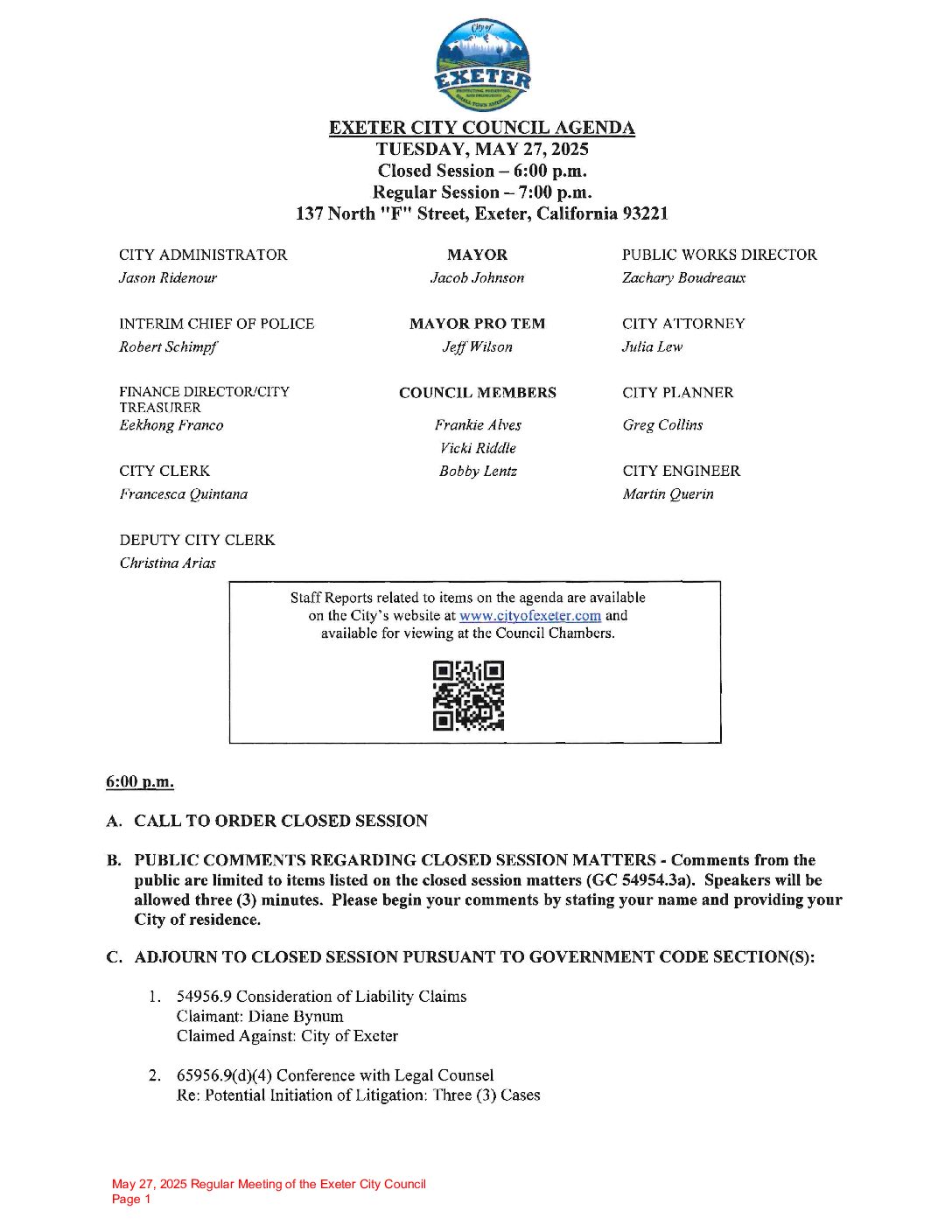 May 27, 2025 Regular Meeting of the Exeter City Council Agenda Packet