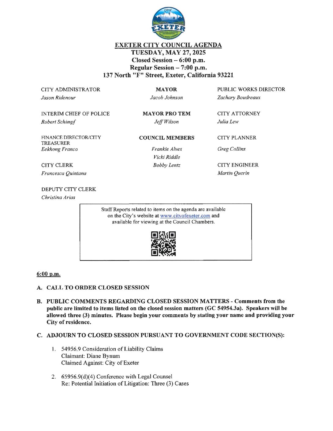 May 27, 2025 Regular Meeting of the Exeter City Council Agenda