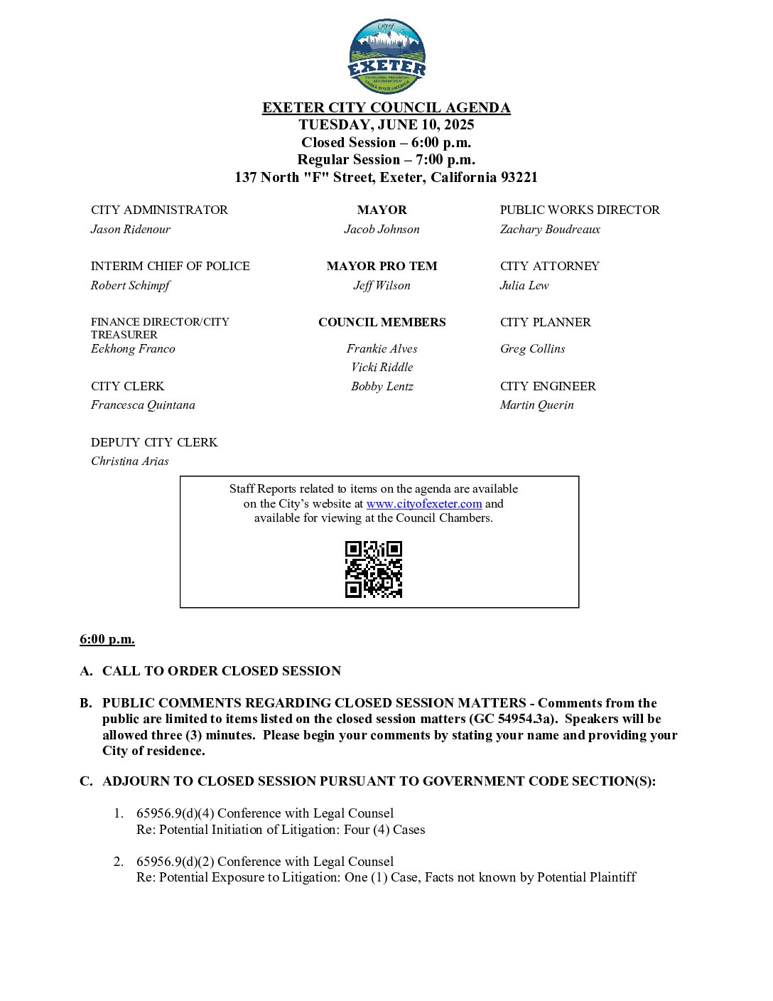 June 10, 2025 Regular Meeting of the Exeter City Council Agenda