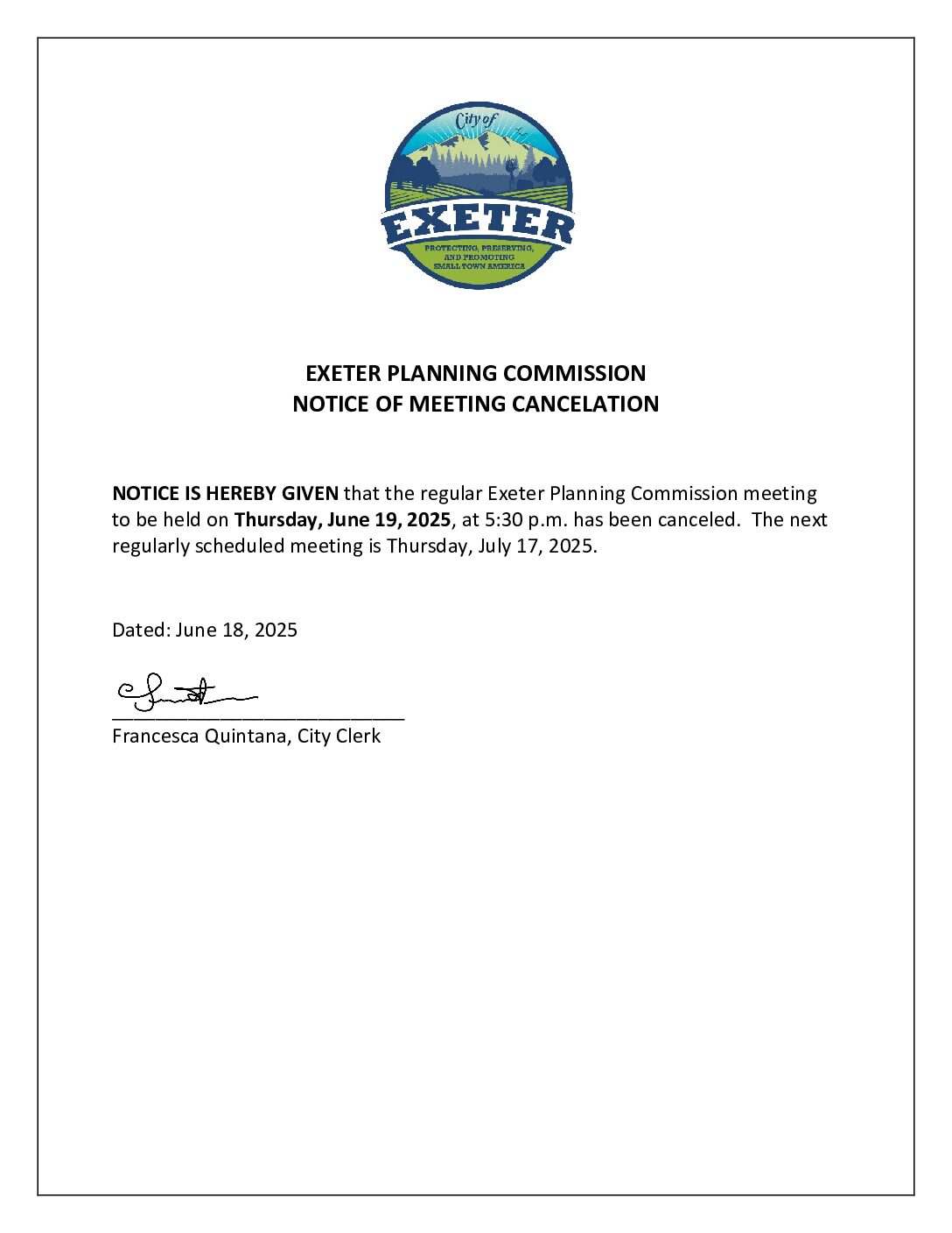 June 19, 2025 Planning Commission Notice of Meeting Cancelation