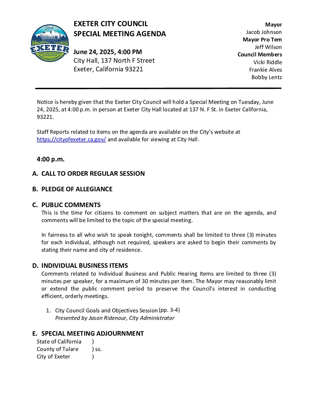 June 24, 2025 Special Meeting of the Exeter City Council Agenda Packet