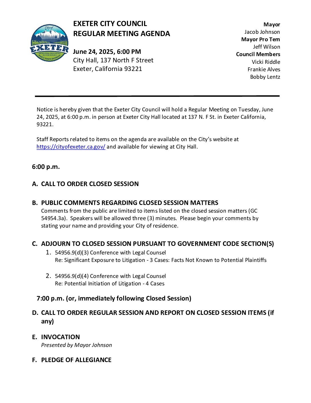 June 24, 2025 Regular Meeting of the Exeter City Council Agenda