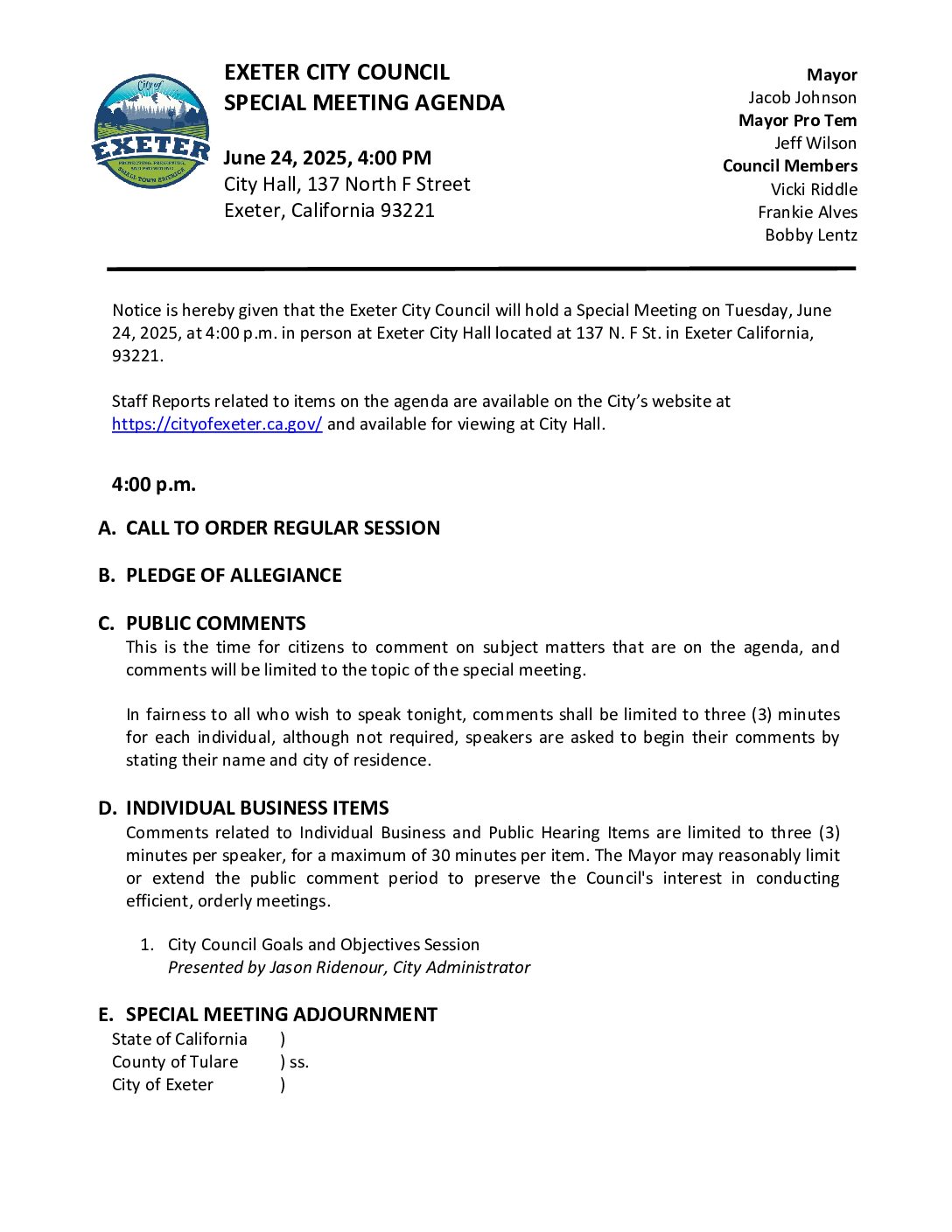 June 24, 2025 Special Meeting of the Exeter City Council Agenda