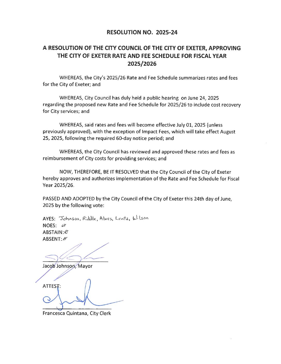 Signed Resolution No. 2025-24 Rate and Fee Schedule