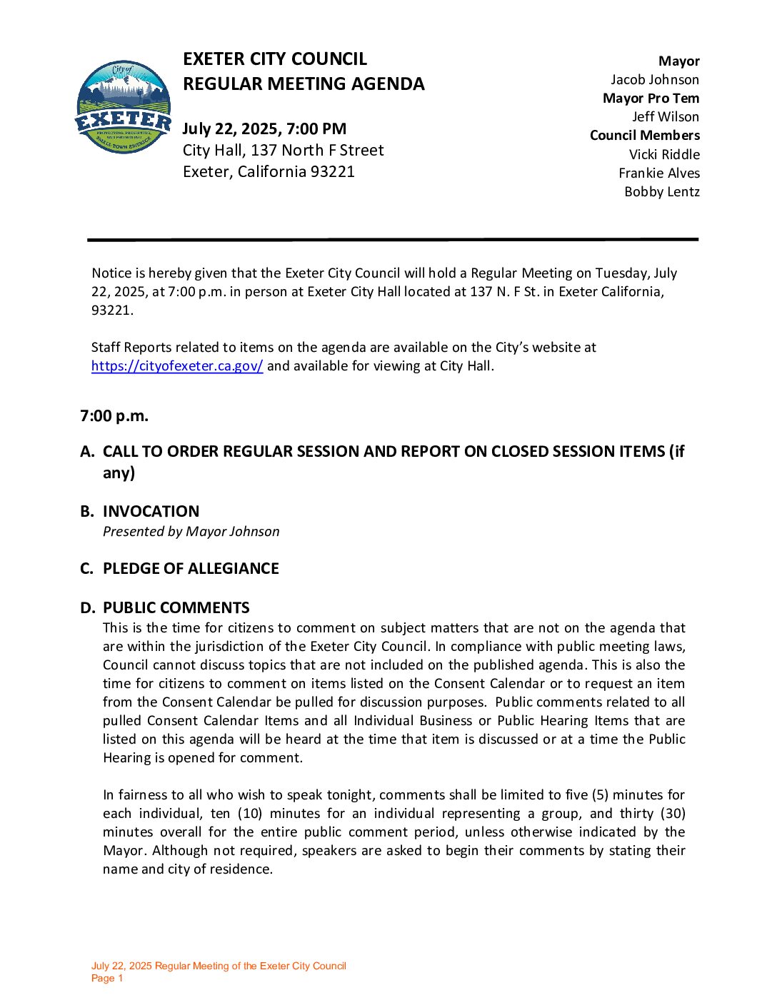 July, 22, 2025 Regular Meeting of the Exeter City Council Agenda Packet