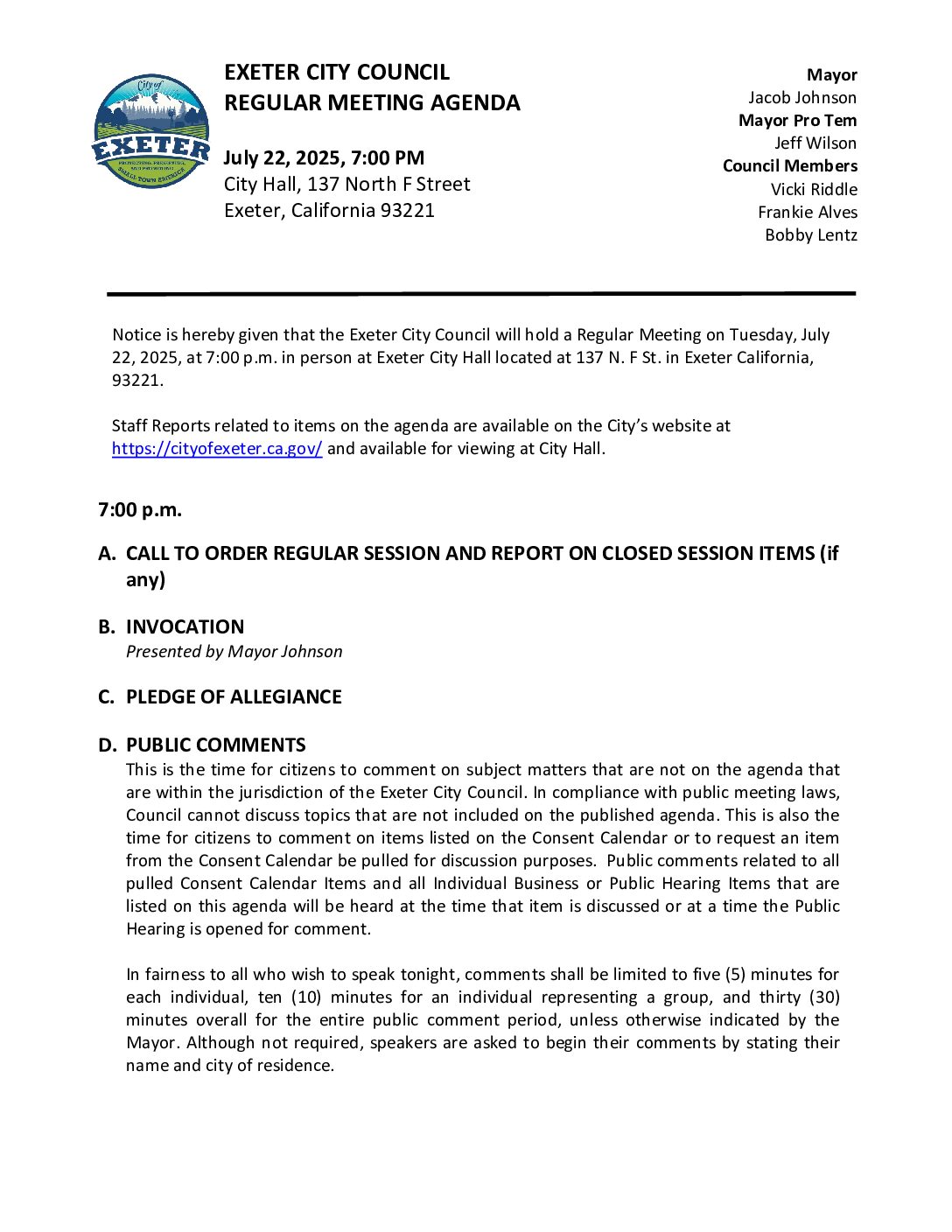 July 22, 2025 Regular Meeting of the Exeter City Council Agenda