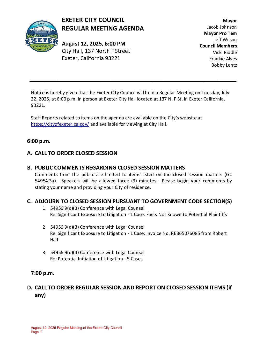 August 12, 2025 Regular Meeting of the Exeter City Council Agenda Packet