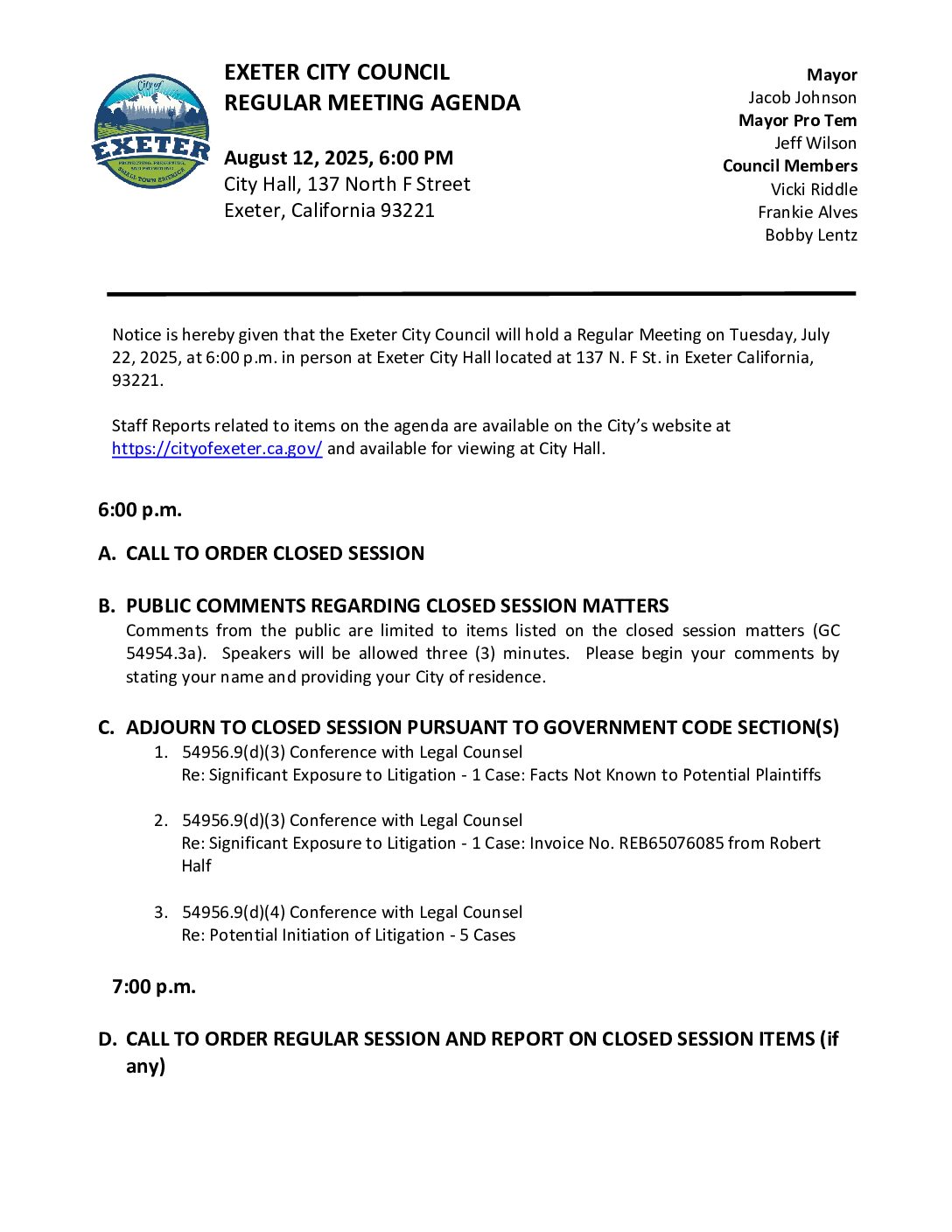 August 12, 2025 Regular Meeting of the Exeter City Council Agenda