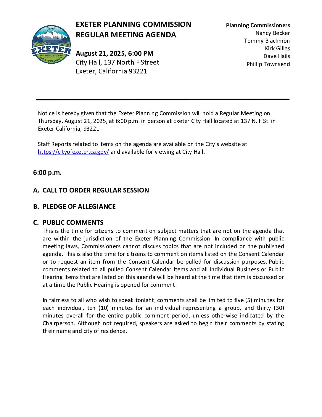 August 21, 2025 Regular Meeting of the Exeter Planning Commission Agenda