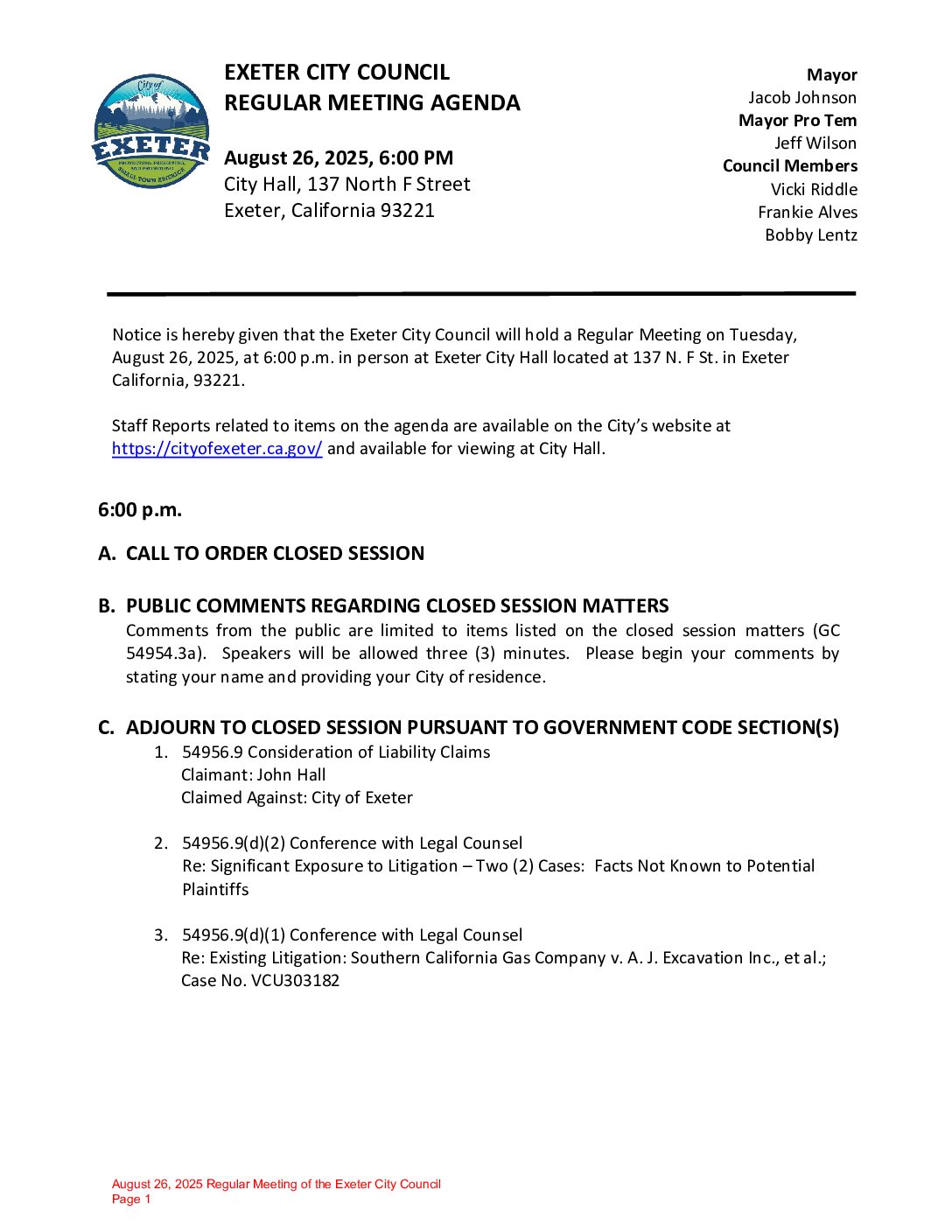 August 26, 2025 Regular Meeting of the Exeter City Council Agenda