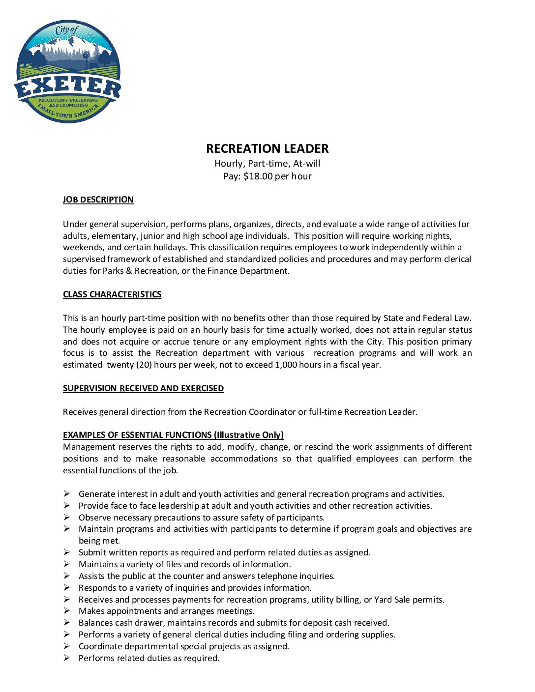 Hourly recreation leader job description