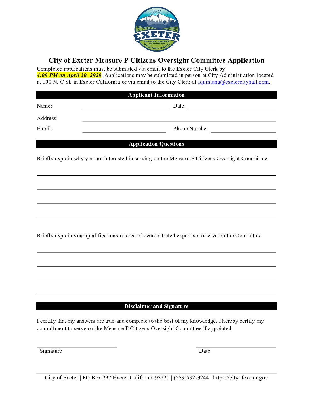 Measure P Citizens Oversight Committee Application