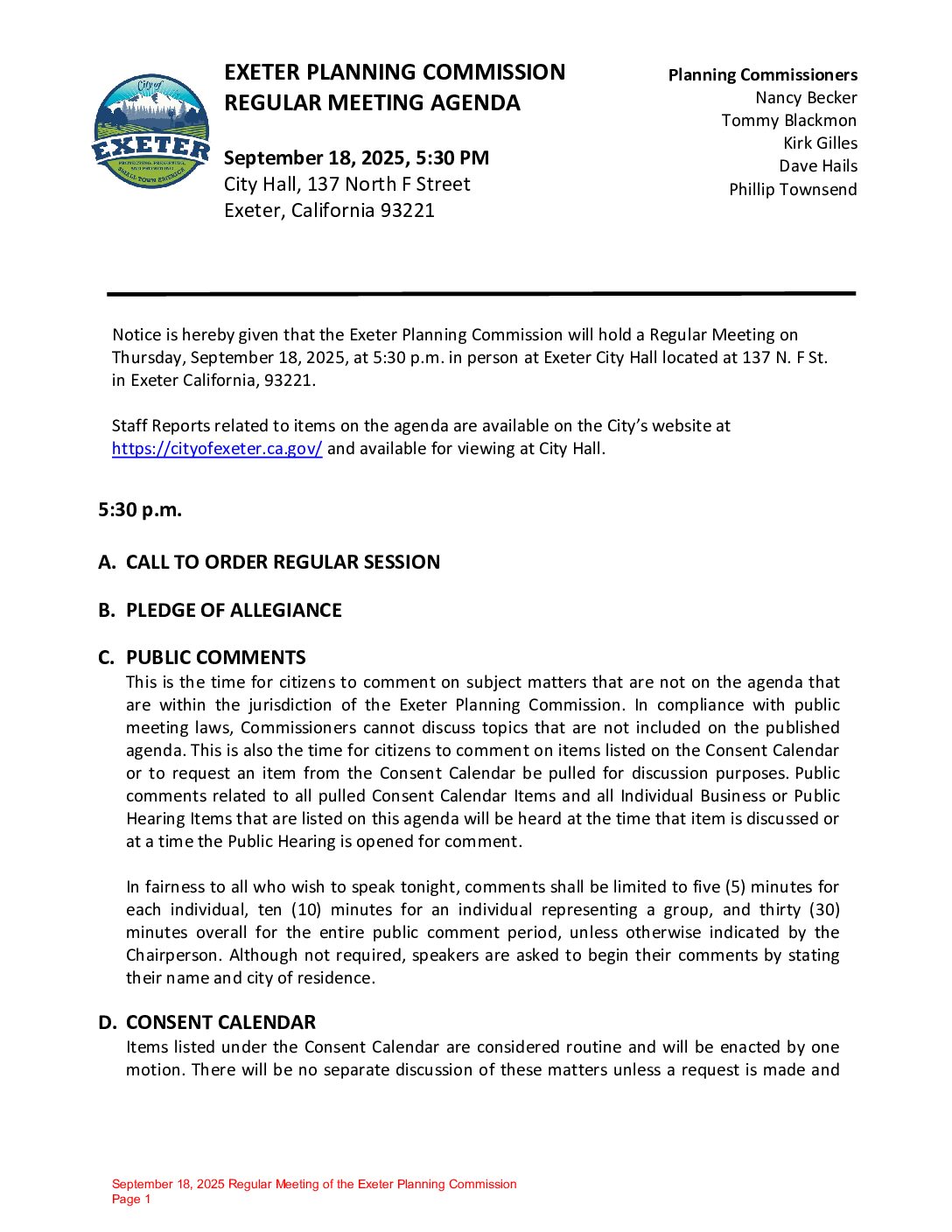 September 18, 2025 Regular Meeting of the Exeter Planning Commission Agenda