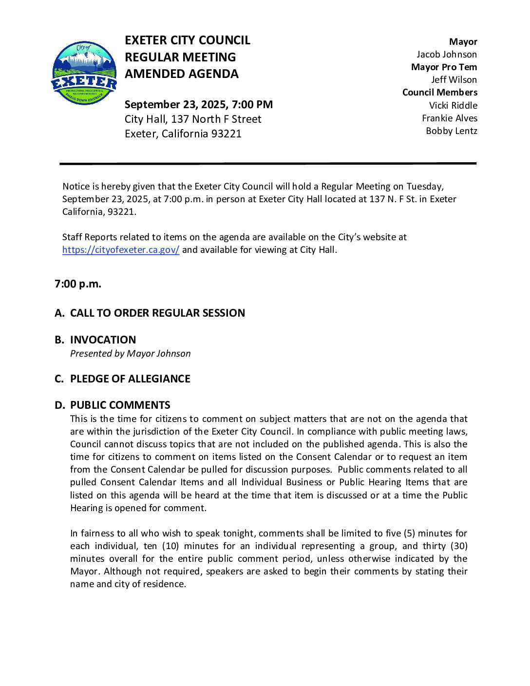 September 23, 2025 Regular Meeting of the Exeter City Council Amended Agenda Packet