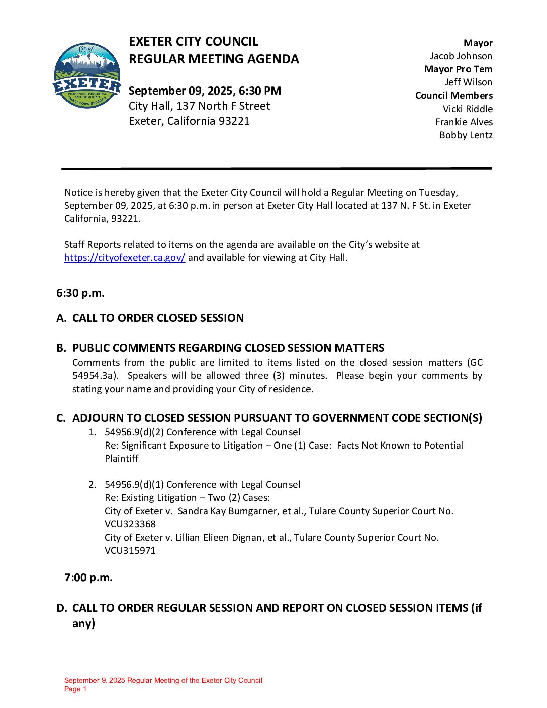September 9, 2025 Regular Meeting of the Exeter City Council Agenda Packet