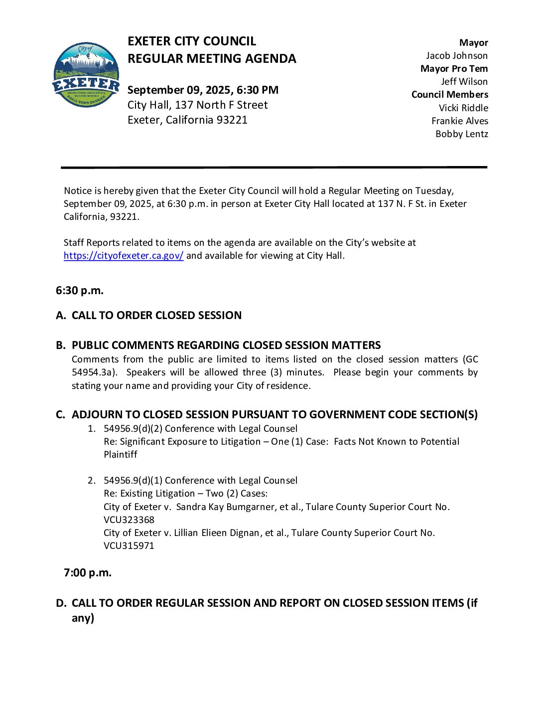 September 9, 2025 Regular Meeting of the Exeter City Council Agenda