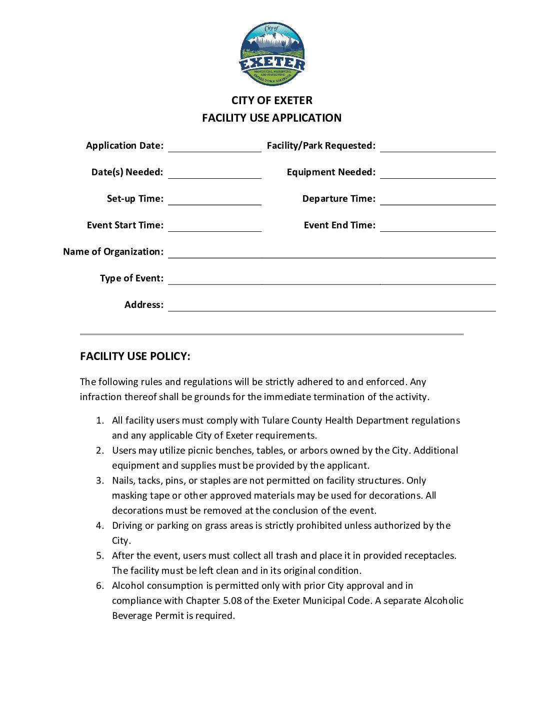 2025 Facility Use Permit Application – Fillable