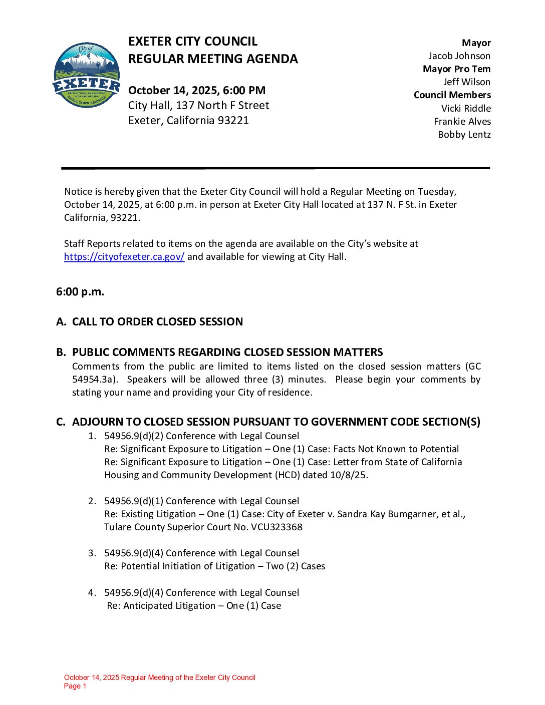 October 14, 2025 Regular Meeting of the Exeter City Council Agenda Packet